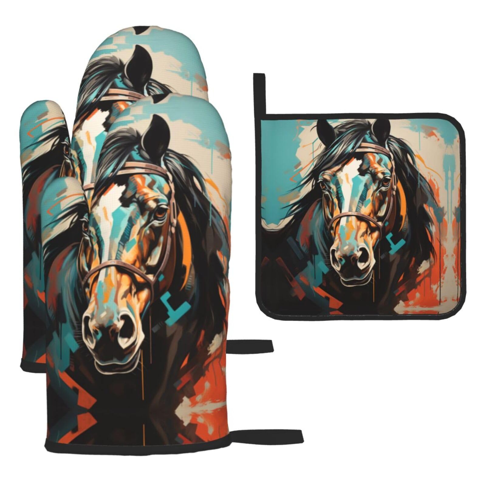 Pictures of Colorful Horses Oven mittens and oven mitts three-piece set suitable for oven, grilling, baking, microwave and home cooking.