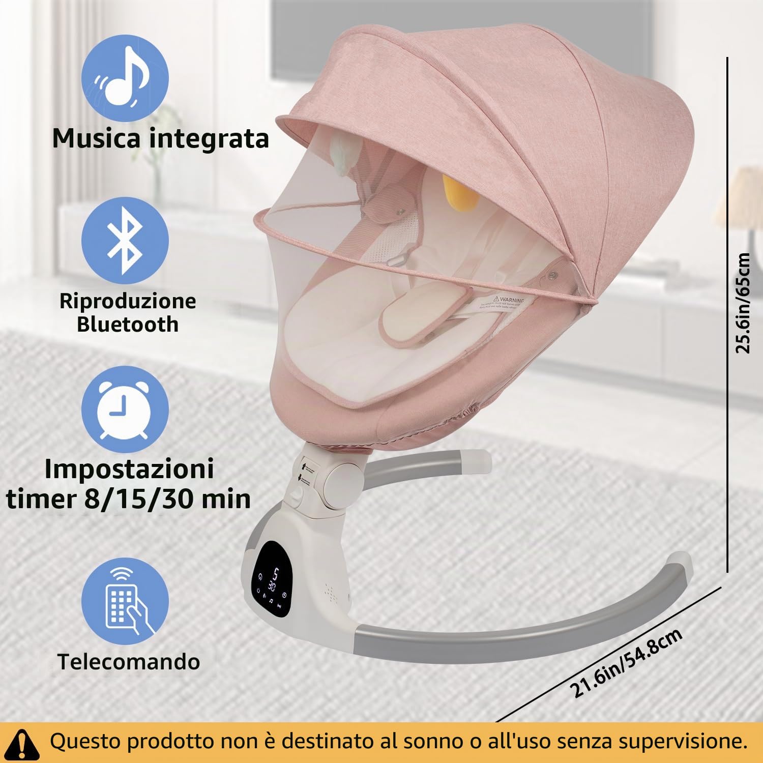 JFOVMCYG Altalena Elettrica per Neonati con Telecomando, 5 Velocità di Oscillazione, 10 Ninne Nanne, Timer 8/15/30 Min, Cintura di Sicurezza a 5 Punti, Seduta Morbida Lavabile, Uso Interno – Rosa
