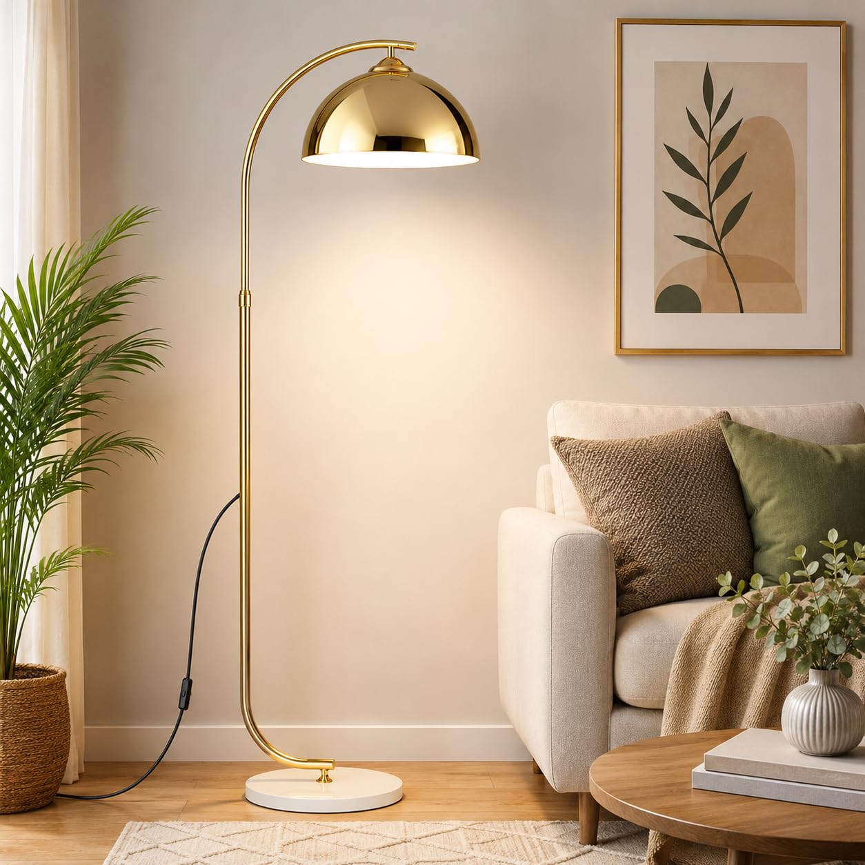 Modern Gold Arc Floor Lamp for Living Room | Metal Standing Reading Lamp with Dome Shade & Marble Base | Contemporary Tall Floor Light for Bedroom, Office, Study, Sofa Corner & Home Decor (Gold)-image-15