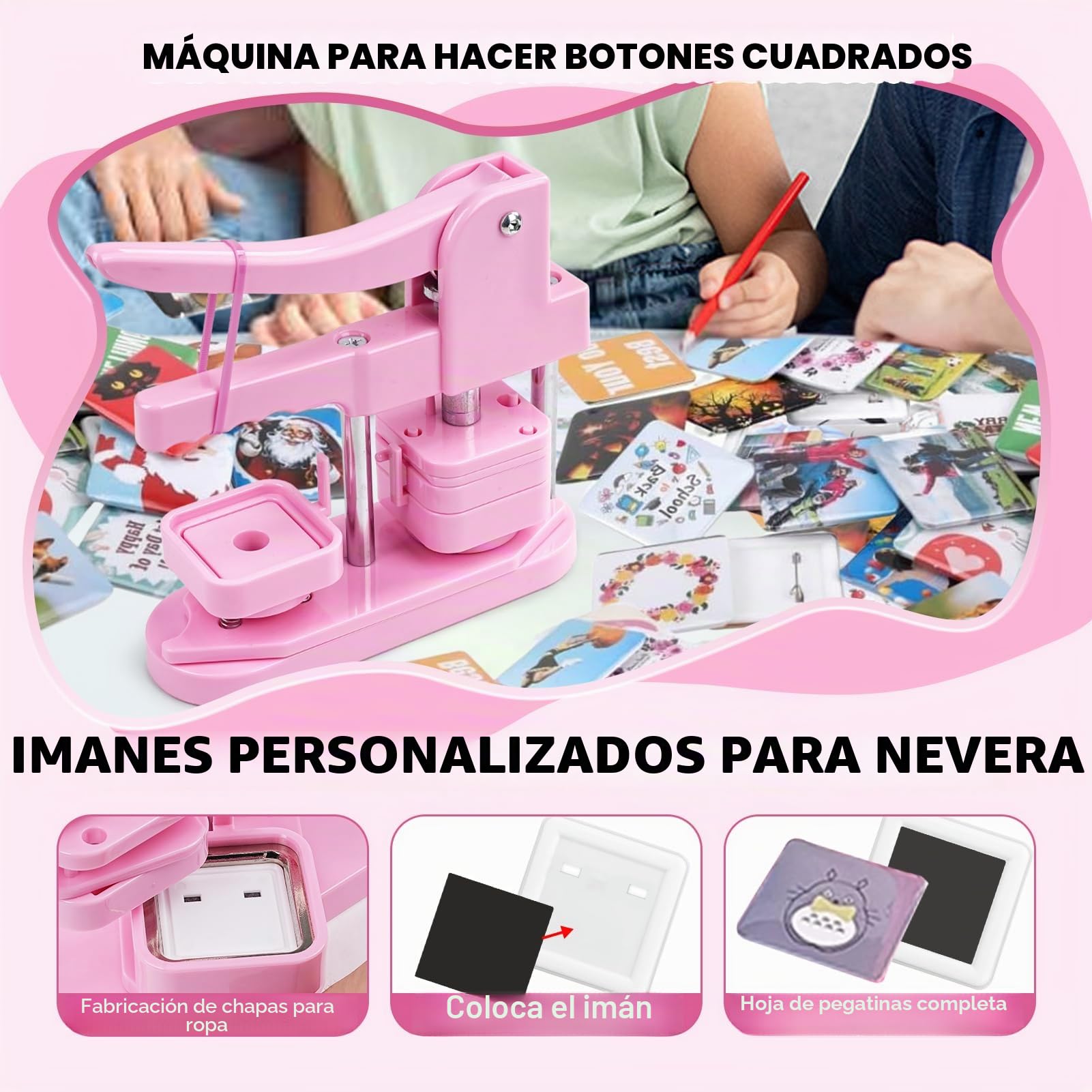 Juego para hacer insignias, botón cuadrado de 50 mm, imán para nevera, máquina perforadora de insignias sin instalación, con 100 juegos de consumibles de botón magnético (rosa)