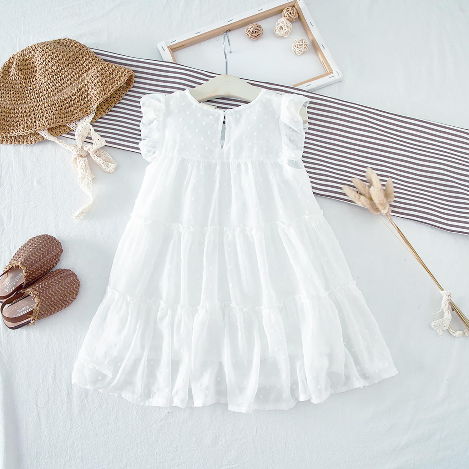 Vestido de fiesta plisado con volantes para niñas pequeñas, sin mangas, diseño de lunares suizos, talla 1-6T, Vestido de gasa blanco con lunares suizos, 12-24 meses