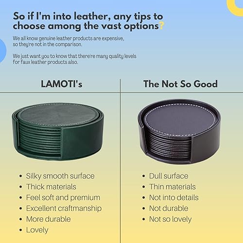 Miniatura 4 de LAMOTI Posavasos de cuero para bebidas, juego de 6 posavasos de 4 pulgadas con soporte para protección de mesa, hechos a mano, lujosa decoración del