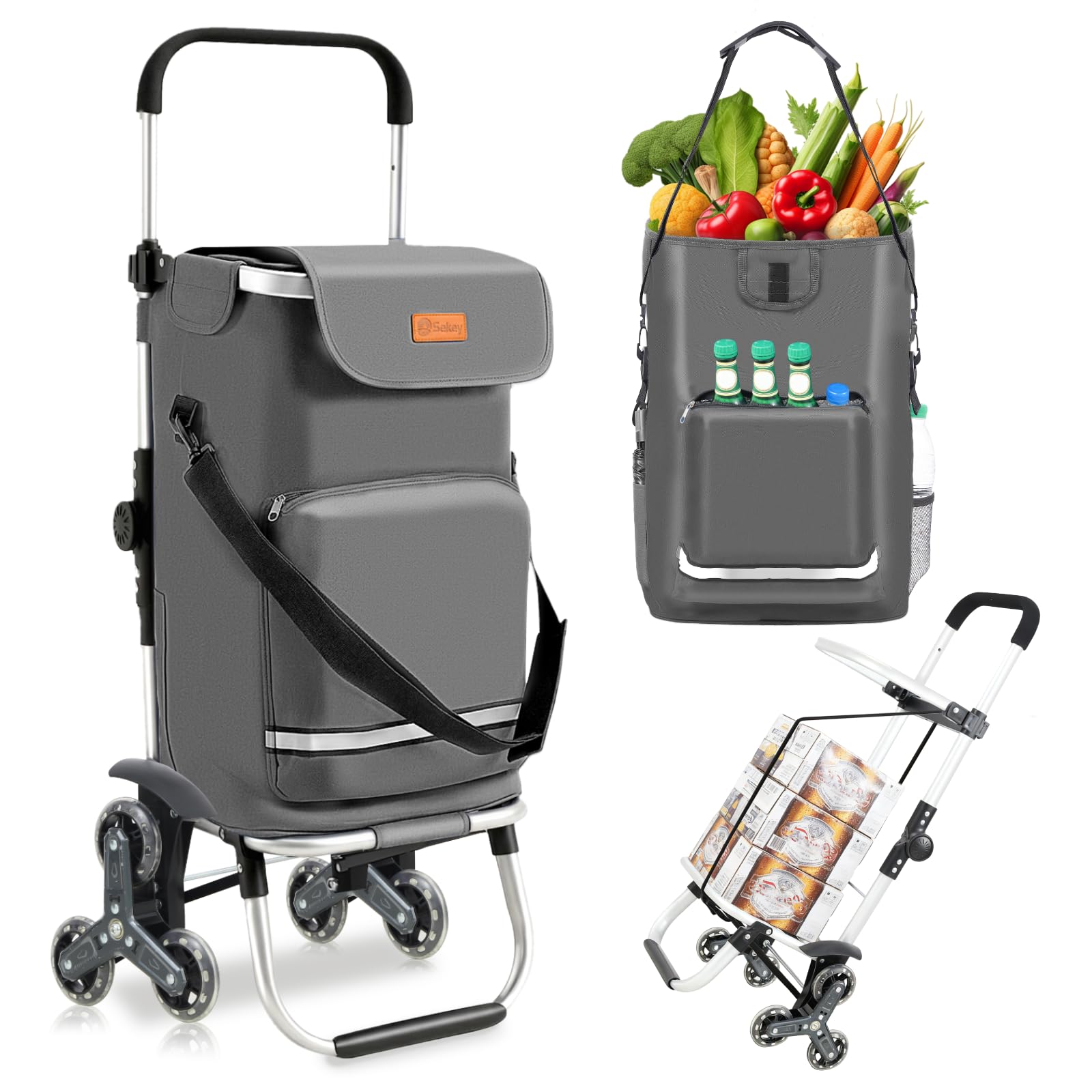 Sekey XXL Einkaufstrolley Treppensteiger mit 3 Rädern, Einkaufswagen für Camping und Einkäufe mit Höhenverstellbarem Griff, Aluminium 3-in-1 Trolley, Inklusive Kühlfach und Getränkefach, Grau