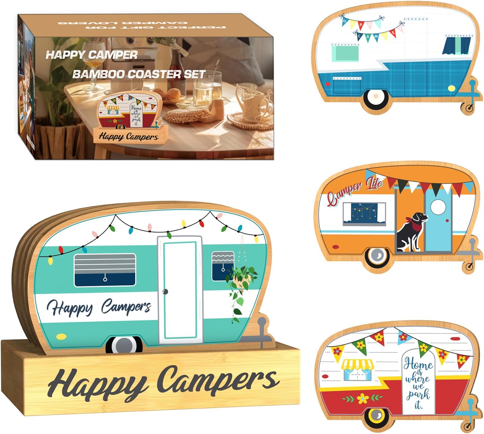 4Pcs RV Camper Coasters Set, Camper Decor, Bamboo Coasters Set Suitable for Kinds of Cups, Modern Style Coasters for Coffee Table, Camping Gifts for Camper Lovers Women Men