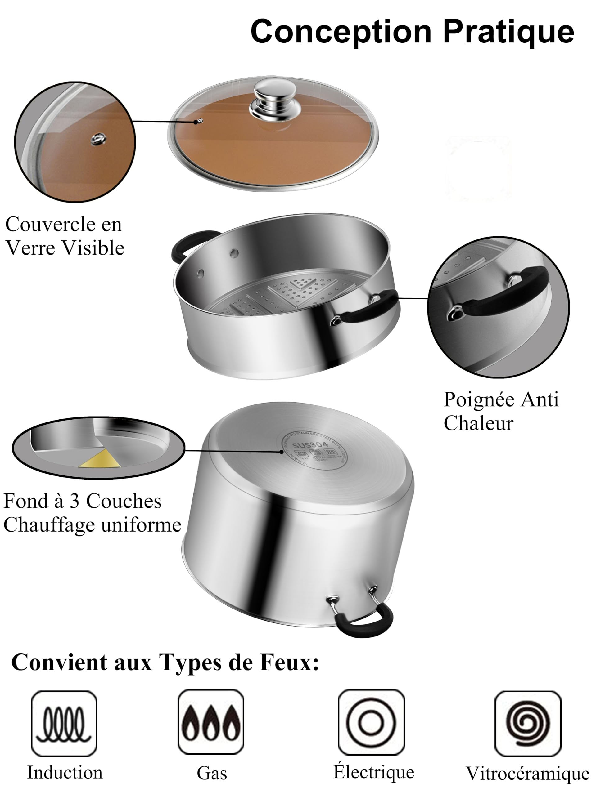 VENTION Petit Couscoussier Induction 2,5L, Cuiseur Vapeur 18 cm, Cuit Vapeur Inox