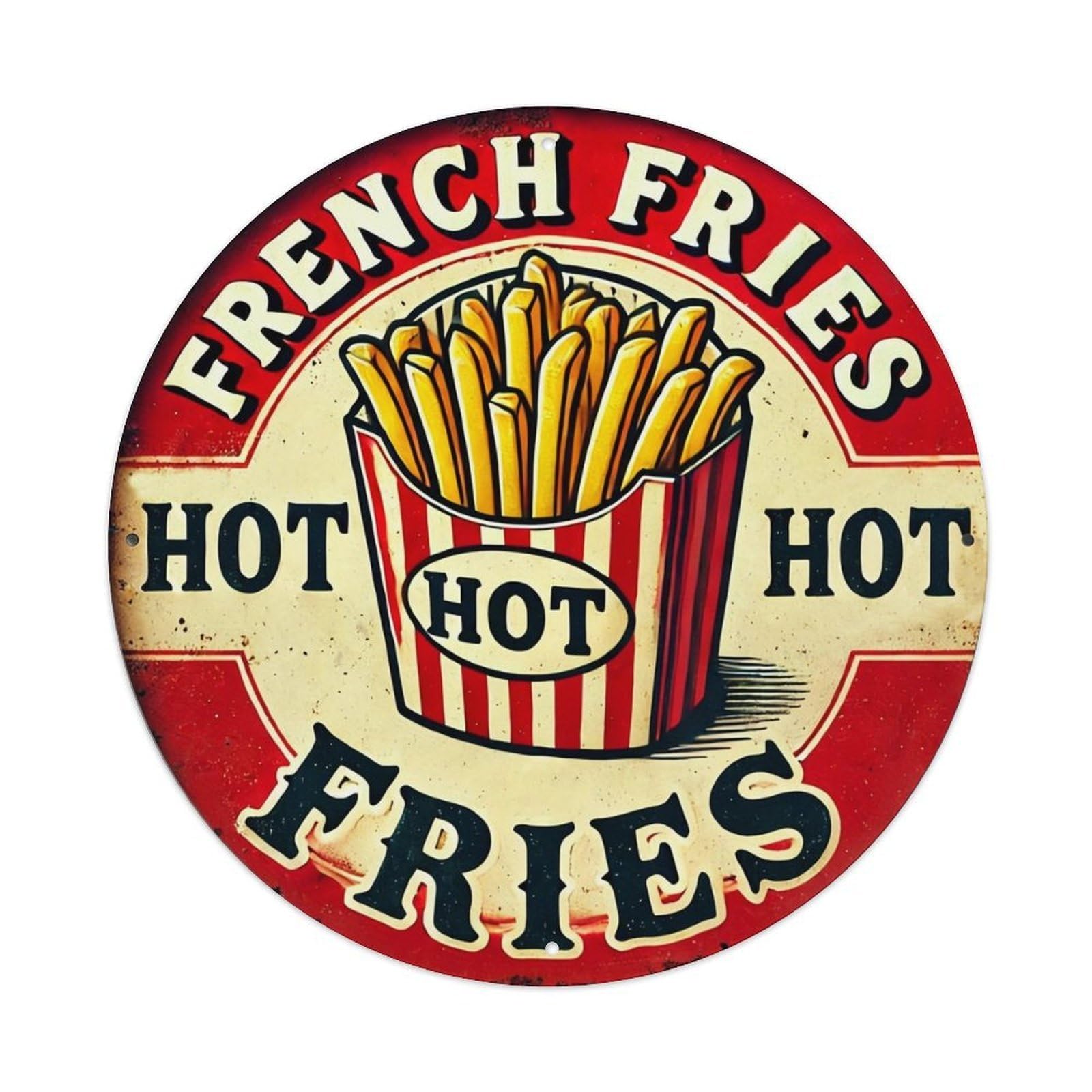 French Fries Hot Fries Vintage Round Tin Sign Retro Metal Wall Decor Metal Poster, Home Bar Garage Cafe Wall Art Decoration 8x8Inches