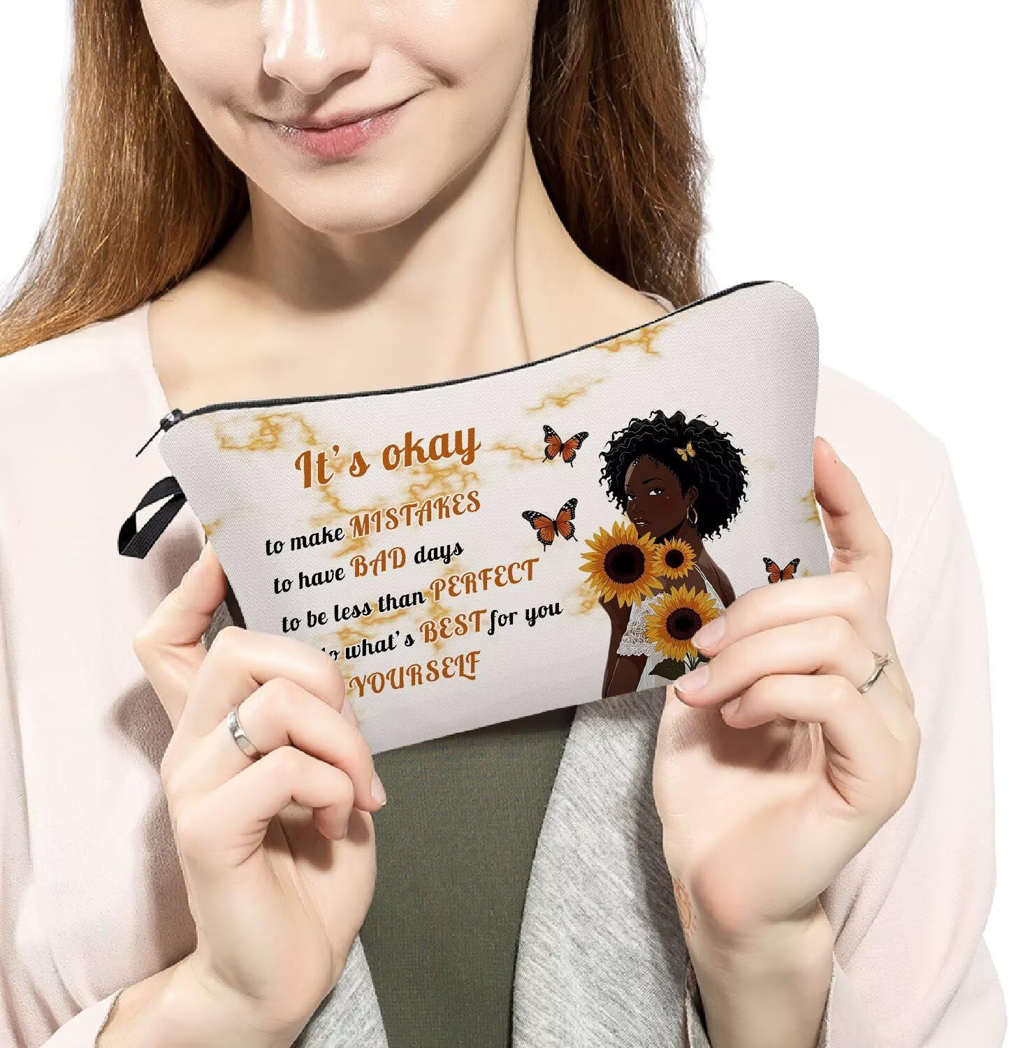 African American Makeup Bag Cute Small Organizer Zipper Pouch It's Okay To Be Yourself Cosmetic Bag Inspiring Birthday Present for Black Women Friends - Image 3