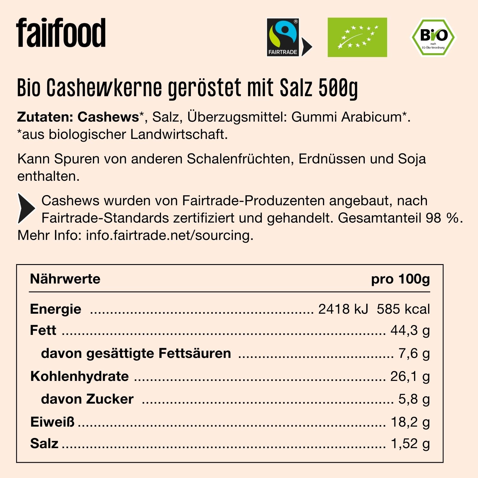 fairfood Bio Cashews geröstet & gesalzen 500g - Fairtrade & Vegan - Ohne Öl geröstet in eigener Manufaktur