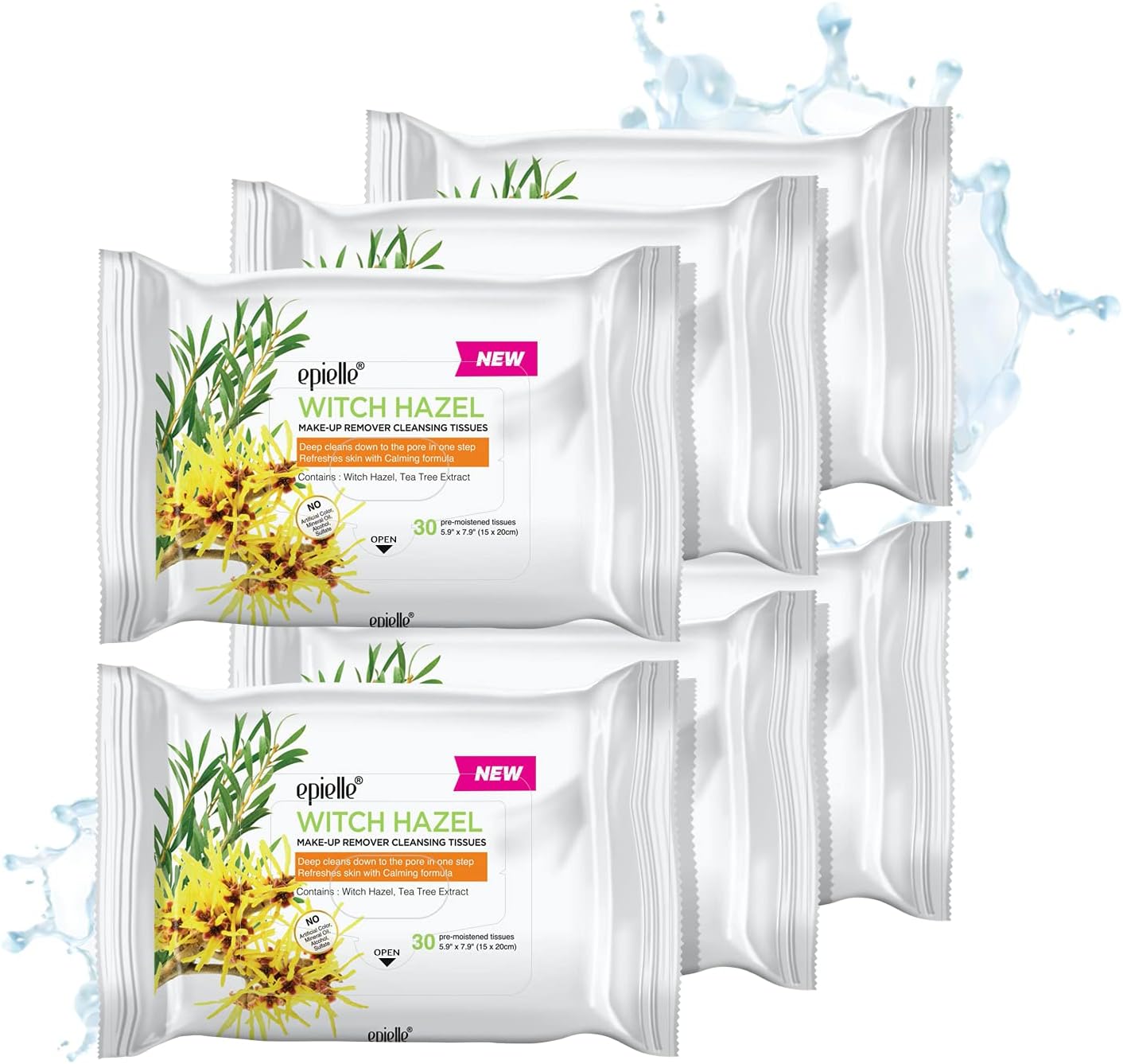 Epielle New Witch Hazel 30ct Makeup Cleansing Wipes Deep Cleans Pores & Refresh Skin with Calming Formula (6 packs)