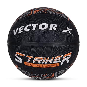 Vector X 8 Panel Striker Rubber Moulded Indoor Outdoor Game Ball with Needle, Street Basketball for Men, Adults & Youth, Official Size 7, Black/Orange Colour