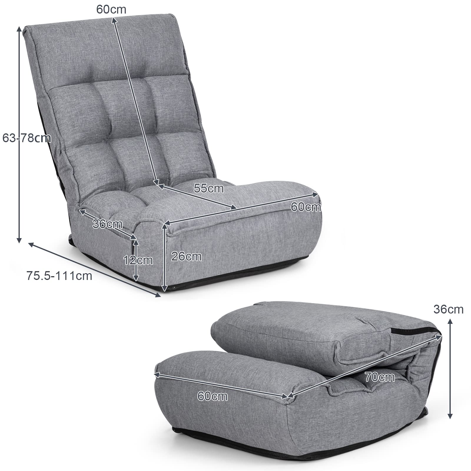 COSTWAY 4-stopniowo regulowane krzesło podłogowe, wyściełana sofa podłogowa z 5-stopniową regulacją zagłówka i kieszenią boczną, ergonomiczne krzesło składane, fotel podłogowy do 140 kg (szary)