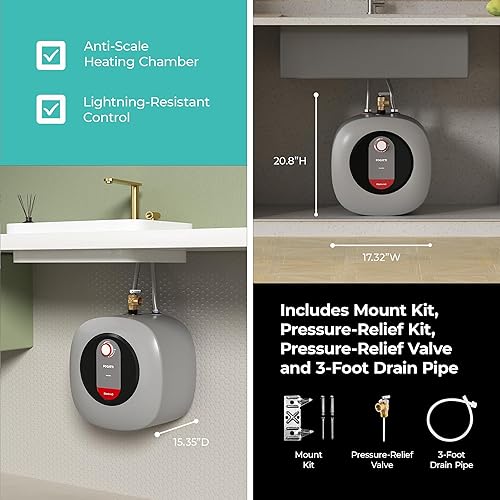 Miniatura 3 de FOGATTI Calentador de agua eléctrico de mini-tanque, punto de uso de 8 galones para agua caliente instantánea, 1440 W, 120 V, estante debajo del
