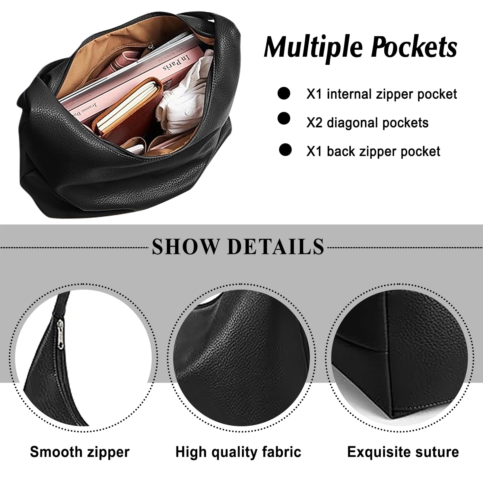 Sac Cabas Femme Grand Format Sac Fourre Tout en Cuir PU Tote Bag Femme Grand Capacité avec Fermeture Éclair Sacs Porté Epaule de 2 Pièces
