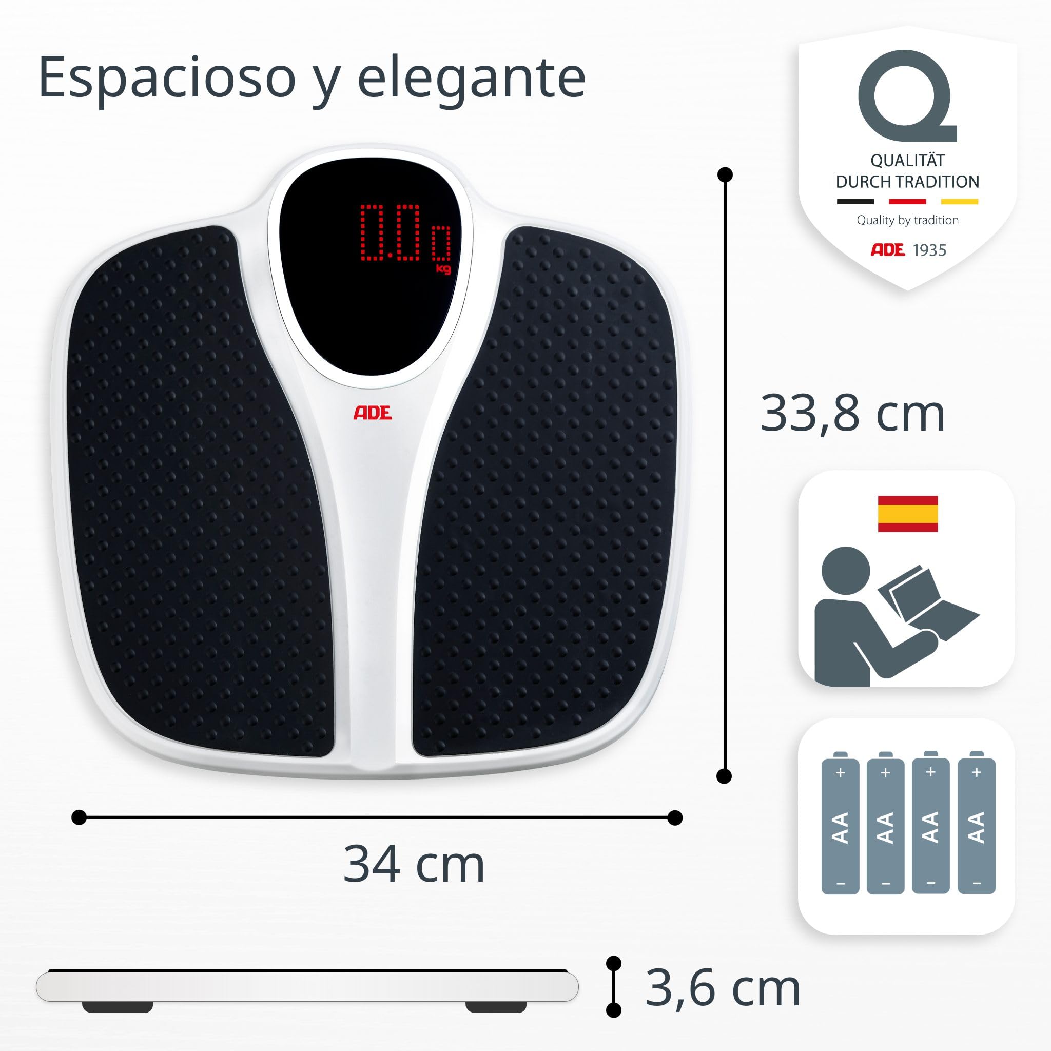 ADE Báscula digital de baño hasta 200 kg | superficie de pesaje extra ancha antideslizante | balanza peso corporal con gran pantalla | báscula profesional | gran capacidad de carga