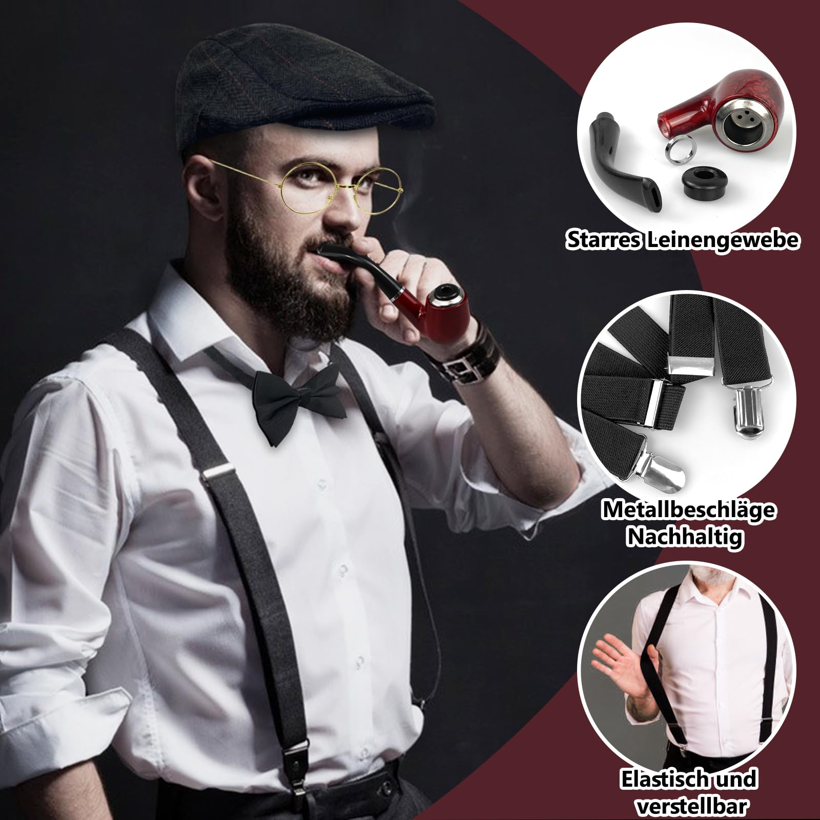 Grantop 1920s Jahre Herren Accessoires, 20er Gangster Kostüm, Herren Accessoires Mafia Gatsby Kostüm Set, Weste Fedora Hut Schnurrbart für Mann Karneval Fasching Halloween Cosplay