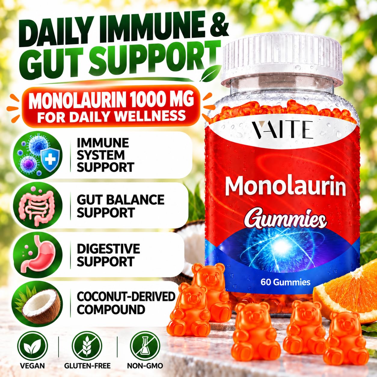 Monolaurin Supplement 1000mg Gummies - Immune Boosters for Adults, Acne Supplements, Supports Gut Health & Flora Balance, Intestinal Health & Digestive Formula, Non GMO, Gluten-Free, 60 Vegan Chews — Amazon image 2