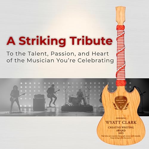 Miniatura 4 de Premio personalizado de guitarra Cherrywood  Placa grabada personalizada con mango de cuerda de paracaídas rojo y gris, 23 x 8 pulgadas  Regalo para