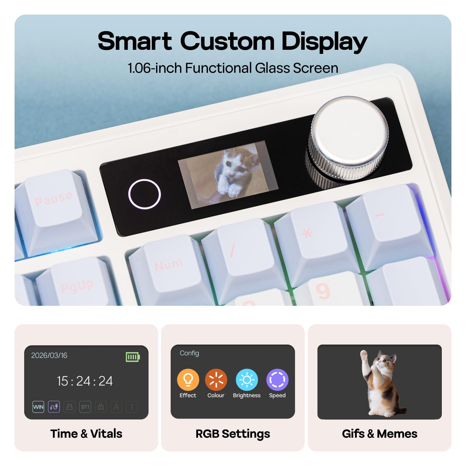 EPOMAKER TH108 V2 PRO Wireless Gaming Keyboard with TFT Screen&Knob, 10000mAh, RGB, 2.4Ghz/BT/USB-C, PBT Keycap, Custom Driver, Full Size Wireless Mechanical Keyboard (Blue, Creamy Jade) - 4