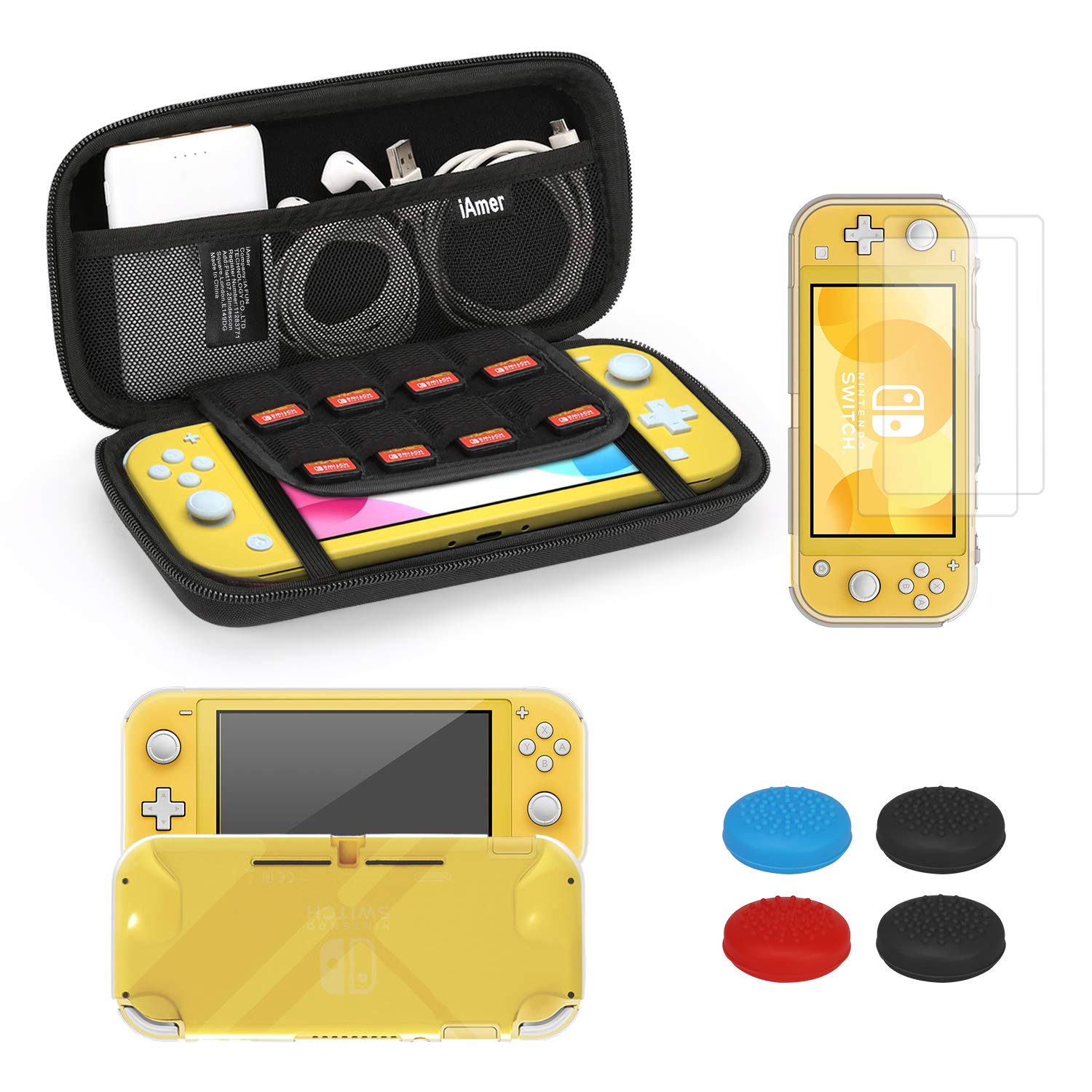 iAmer Accessories Kits for Nintendo Switch Lite 5 in 1, include Protective Carrying Case,TPU Protective Back Cover and 2pcs Tempered Screen Protector Film,Thumb Grips Caps