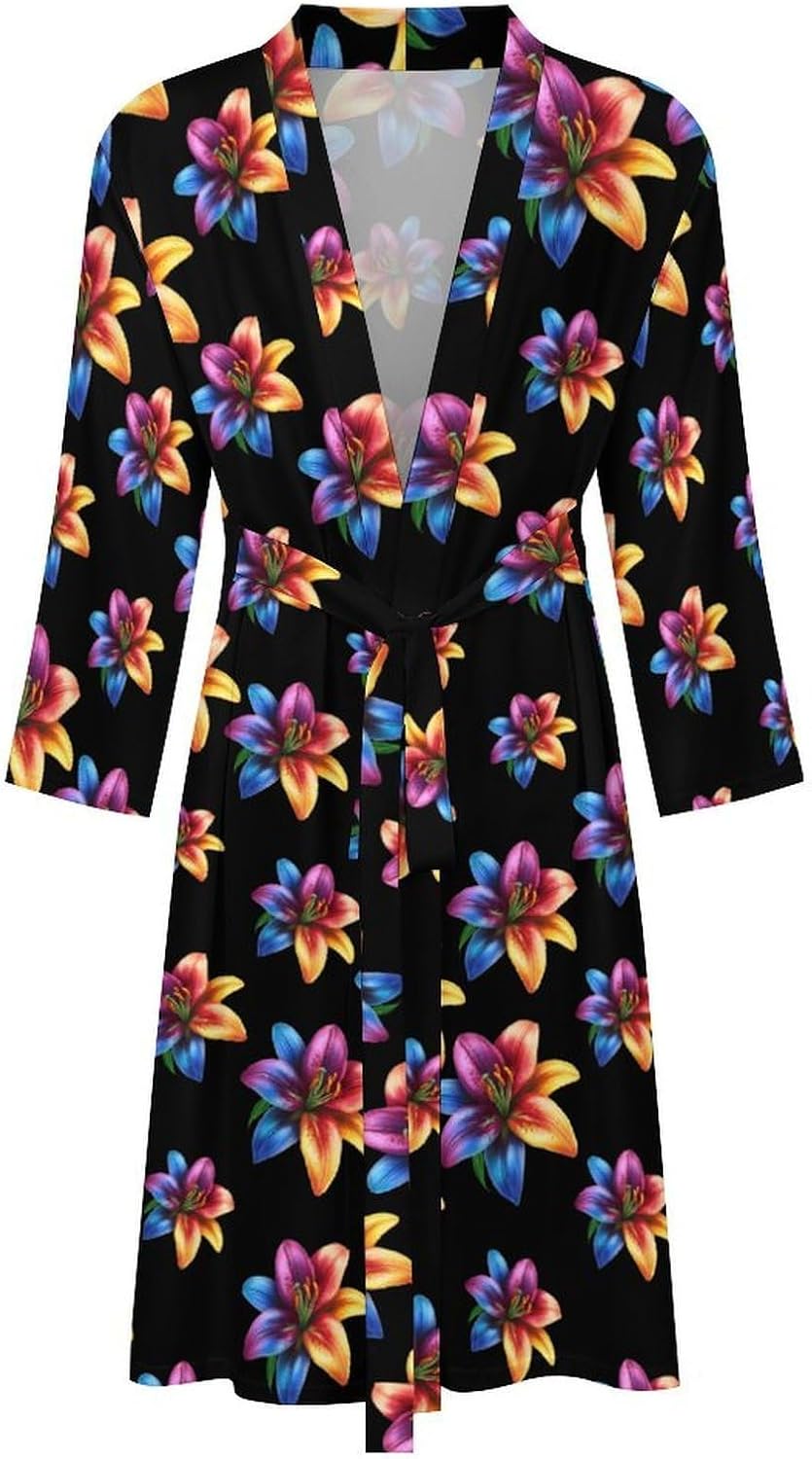 Lily Flower in LGBT Rainbow Color Mens Robe Long Bathrobe for Women Bath Robes Lightweight Soft Printed Sleepwear