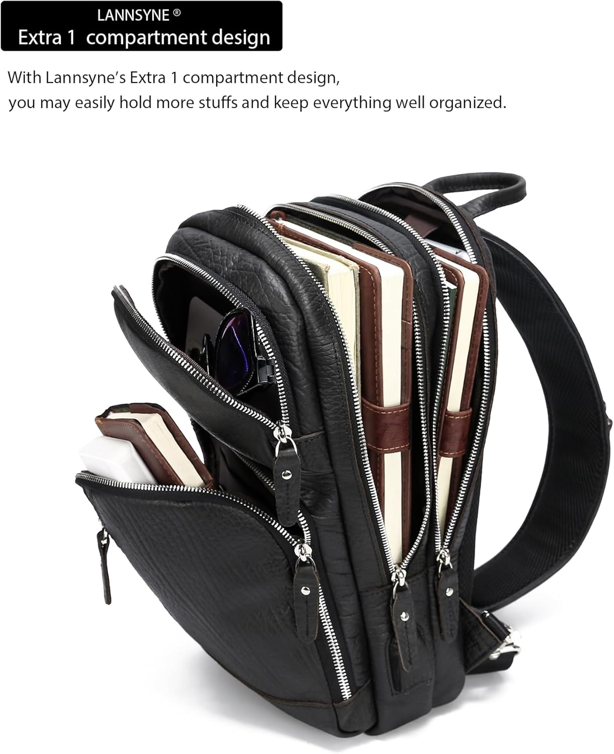 LANNSYNE Full Grain Leather Sling Bag For Men Crossbody Chest Daypack fits 10.5" iPad - Image 3