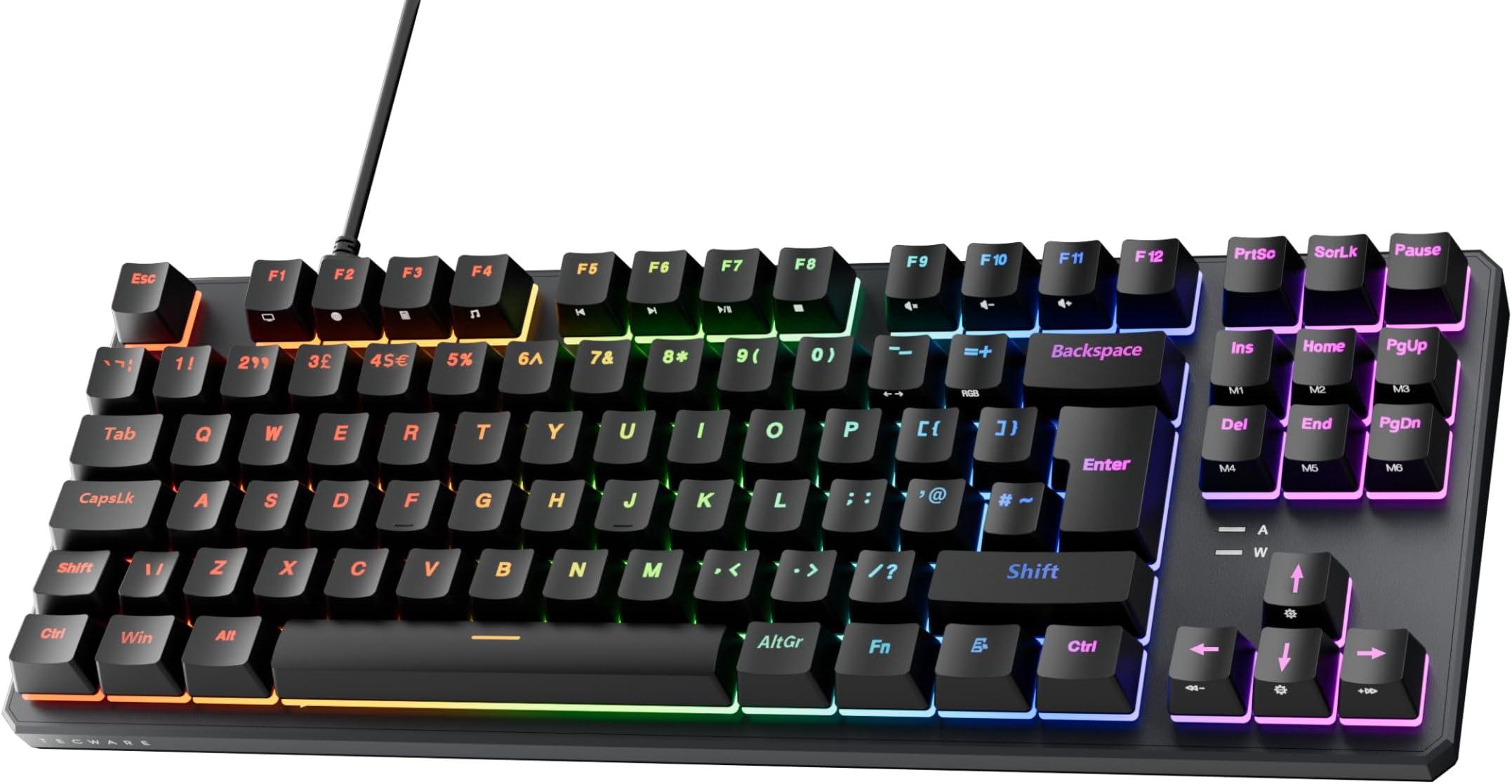 TECWARE Phantom+ 88-Key UK Layout RGB Mechanical Keyboard (Black) Wraith Brown Switch (Prelubed, 50g Tactile) Wired, Per key Colour & Lighting control