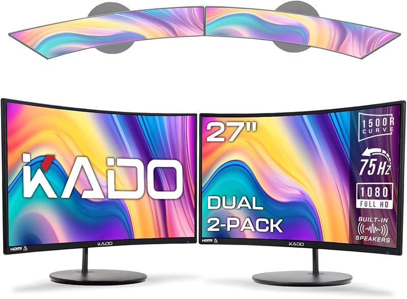 2-Pack Dual 27" Curved 1500R 1920x1080 75Hz FHD Computer Monitor | Dual Monitor Setup HDMI Office Gaming Hybrid, VESA Wall Mount Arm Mount Built-in Speakers, Panoramic Display Multi-tasking