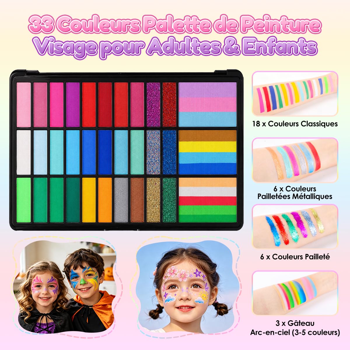 URAQT Kit Peinture Visage 28 Couleurs – Crayons Maquillage Non-Toxique, Lavable – Pour Enfants, Cosplay, Carnaval, Anniversaire, Halloween