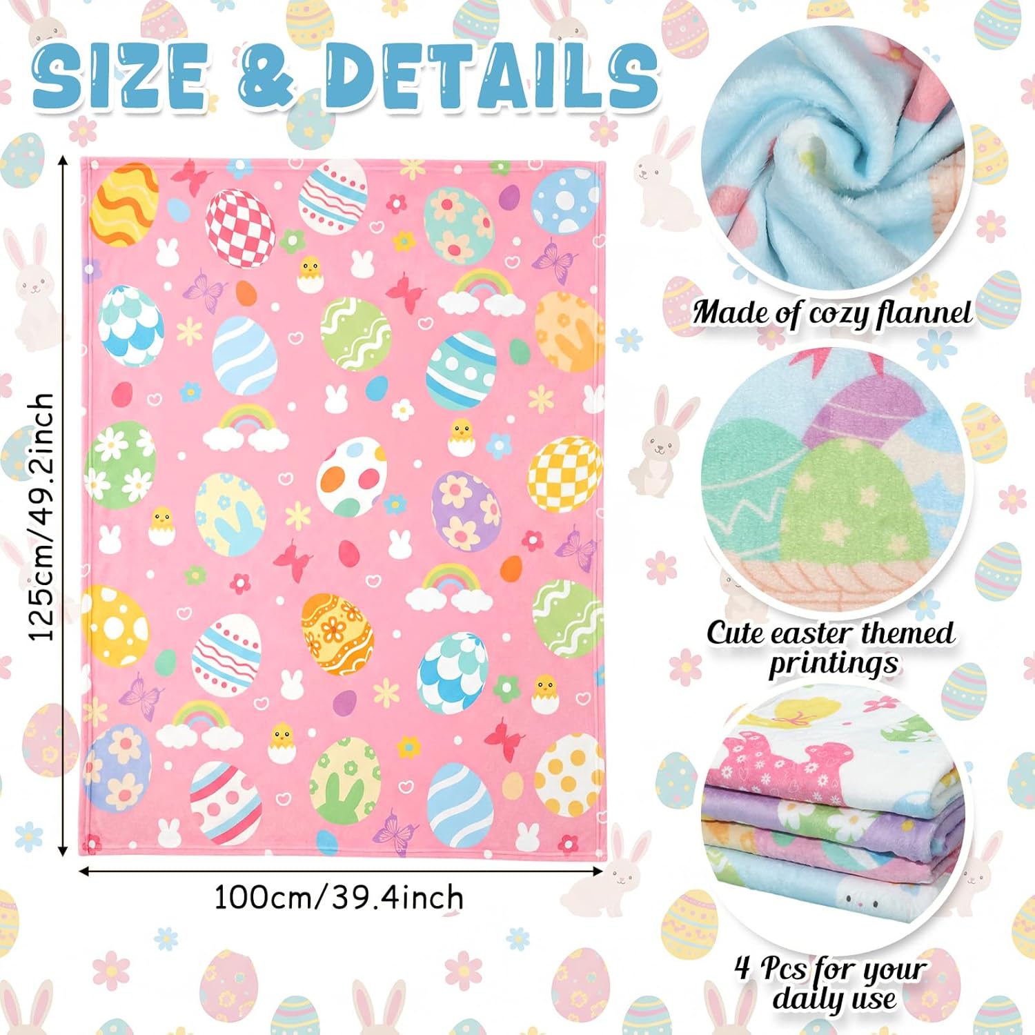 Haull 4 Pcs Easter Throw Blankets Easter Eggs Bunny Chick Floral Flannel Blankets Colorful Pastel Bed Sofa Couch Chair Decor Gifts for Spring Home Travel Office, 40 x 50 Inch