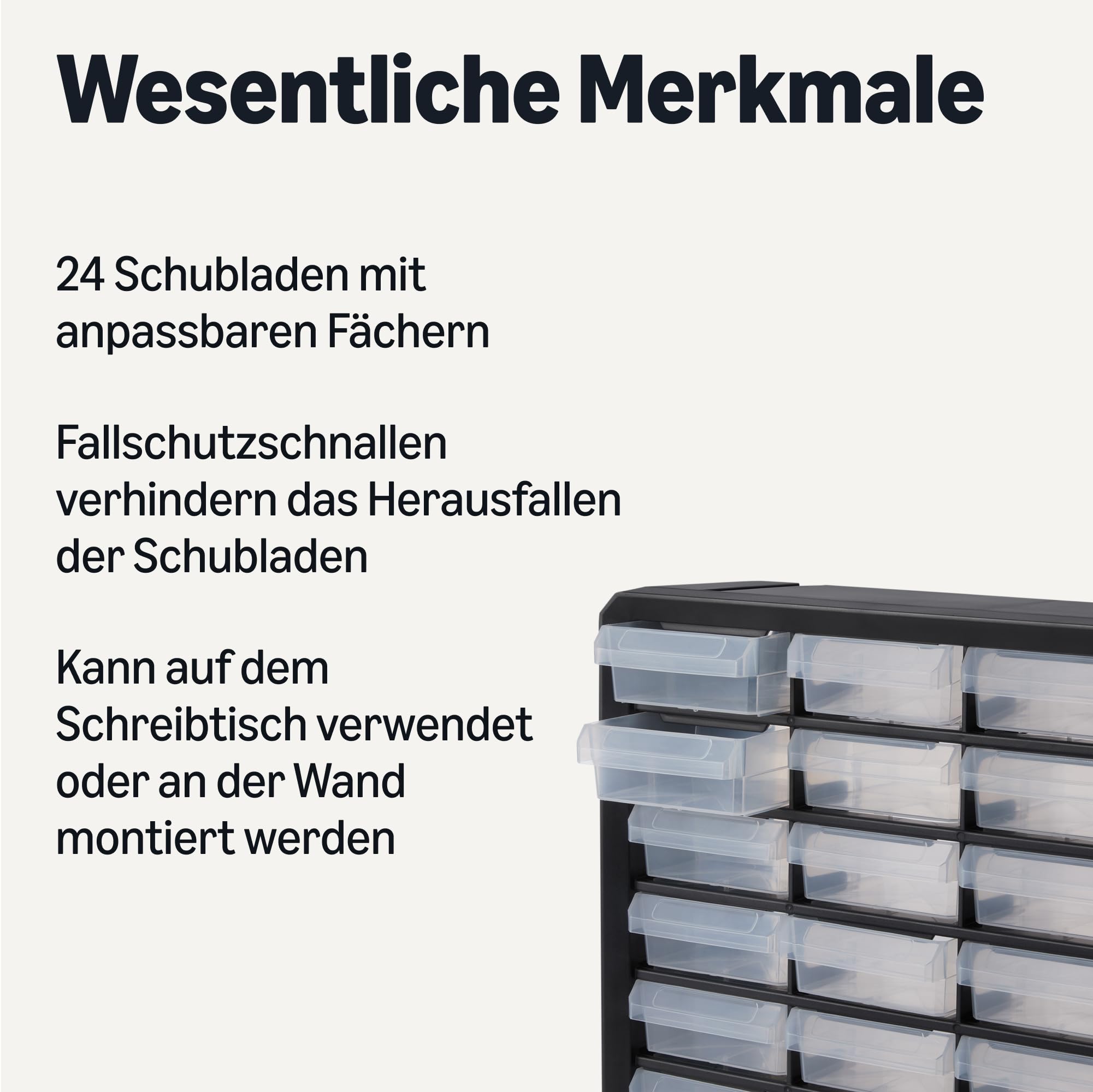 Amazon Basics Schubladenbox, 24-Fächer Kleinteilemagazin aus Kunststoff mit Trennwänden für Büro/Werkzeug/Basteln, Wandmontage, 16 x 54,1 x 40,1 cm, Schwarz