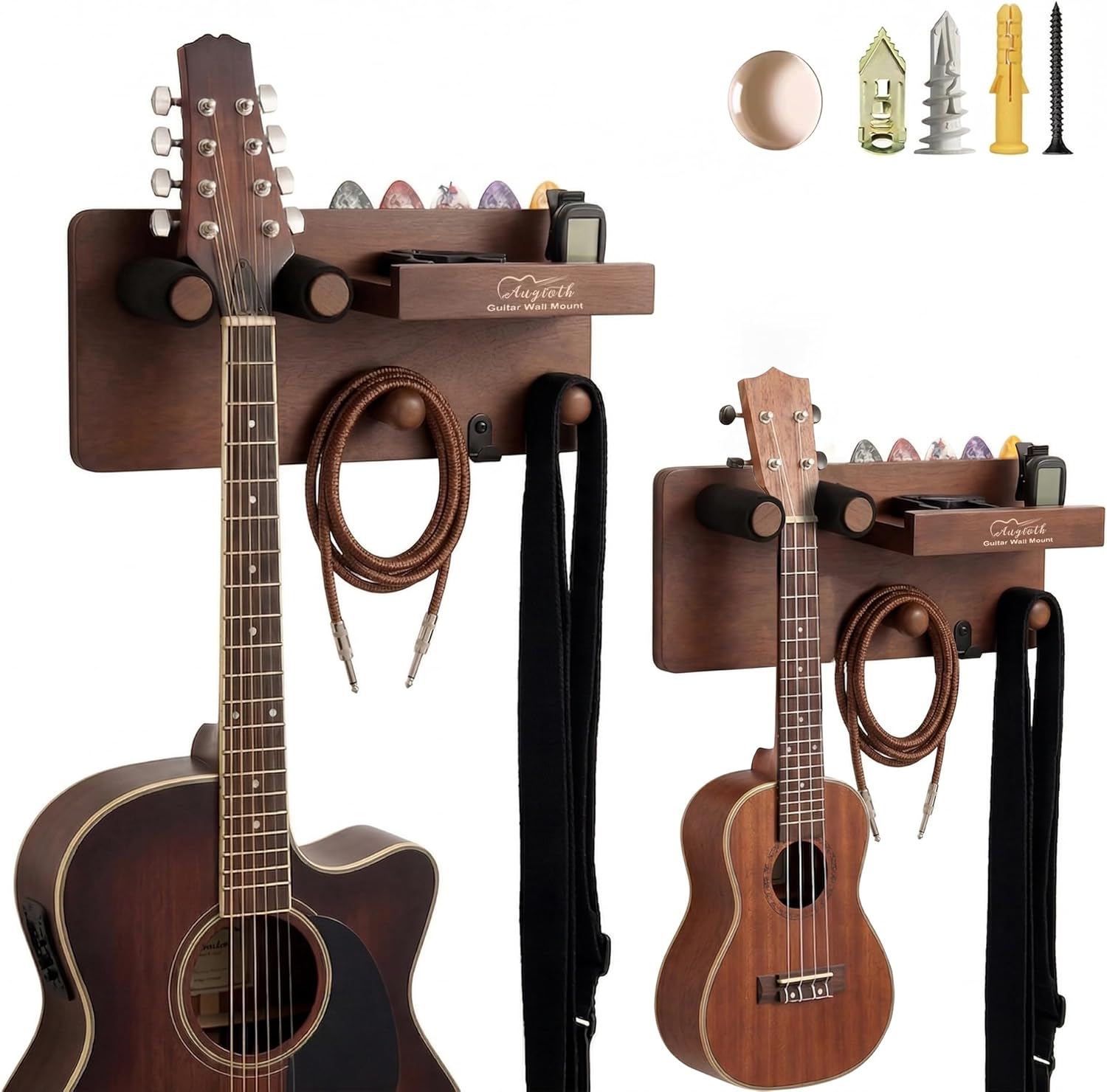 2 Pack Guitar Wall Mount Hanger, creative wall decoration hanger, multi-functional musical instrument storage rack with pick slot, safety anti-collision design, ideal gift for musicians.