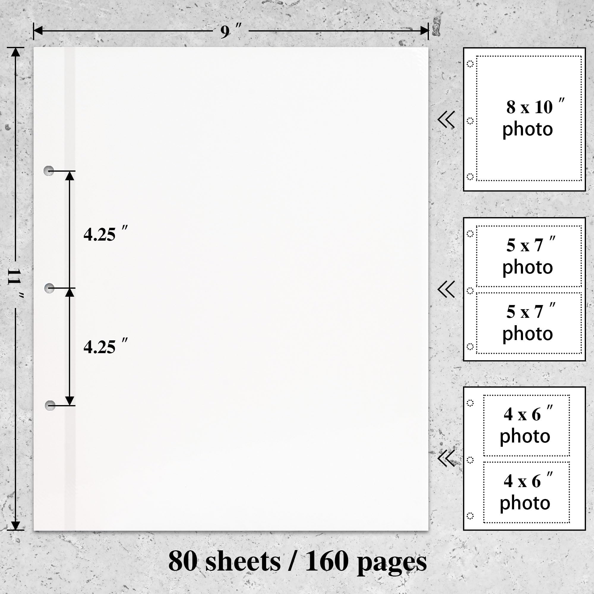 Álbum de fotos con 3 anillas autoadhesivas, 80 hojas, 160 páginas | Compatible con fotos de 2 x 3, 4 x 6, 5 x 7, 8 x 10, tarjetas de recetas, 9 x 11 pulgadas, recambio para álbumes de recortes