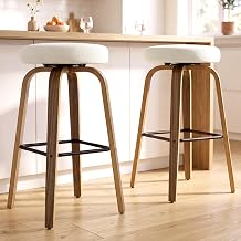 Furniliving Swivel Backless Bar Stools Set of 2,30" Counter Height Stools,Walnut Wood Legs,Upholstered Seat,Sturdy Bentwood Frame Metal Footrest for Bar Kitchen Island