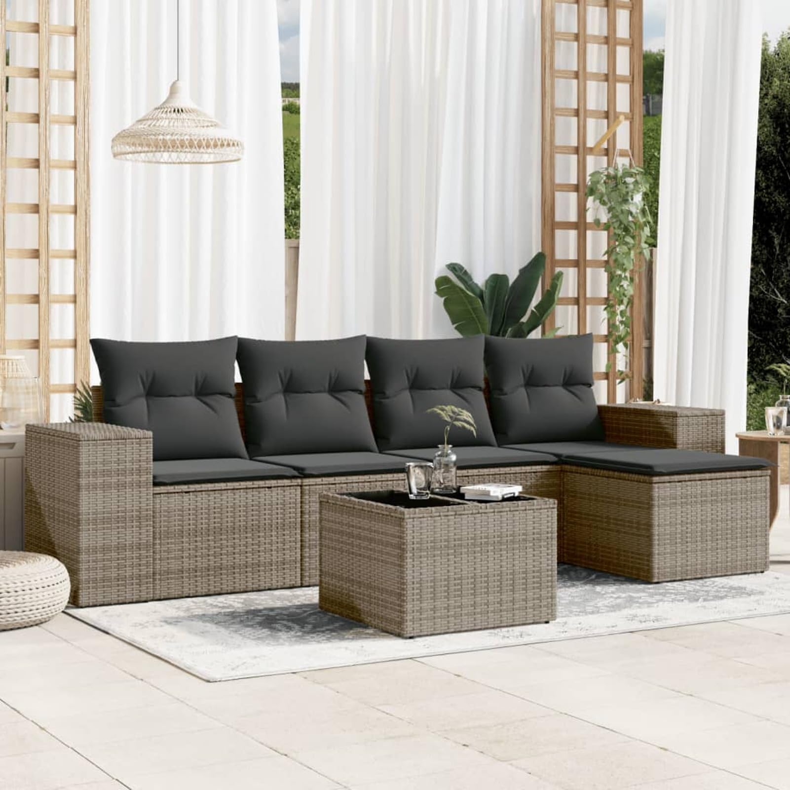 Festnight Conjunto Jardín de Ratán con Cojines Gruesos, Muebles Jardín Exterior, Conjunto Terraza Resistente a la Intemperie, Estructura en Acero - Gris Type-65