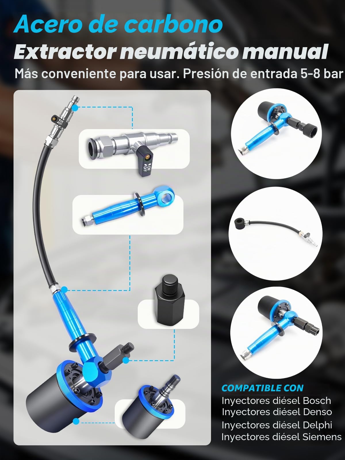 Extractor de inyectores neumáticos de mano de 27 piezas, herramienta neumática para inyectores con 19 adaptadores, compatible con Bosch, Delphi, Denso, Siemen