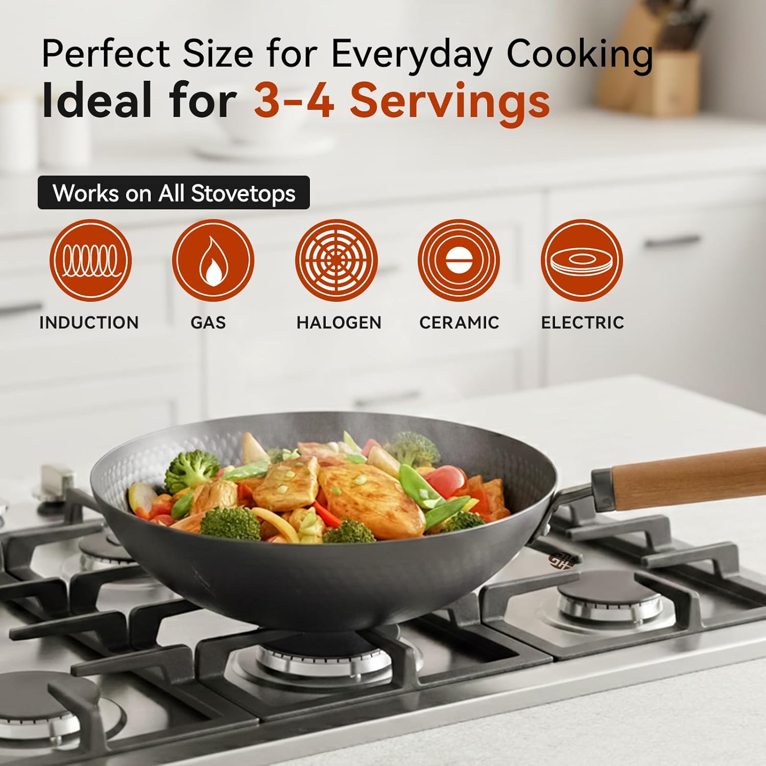 WANGYUANJI Carbon Steel Wok Pan with Lid, 12.6" Hammered Stir Fry Pan, Thickened Heavy Duty Flat Bottom Wok for Electric, Induction & Gas Stoves, Detachable Wood Handle, No Chemical Coating (Black) - Image 2