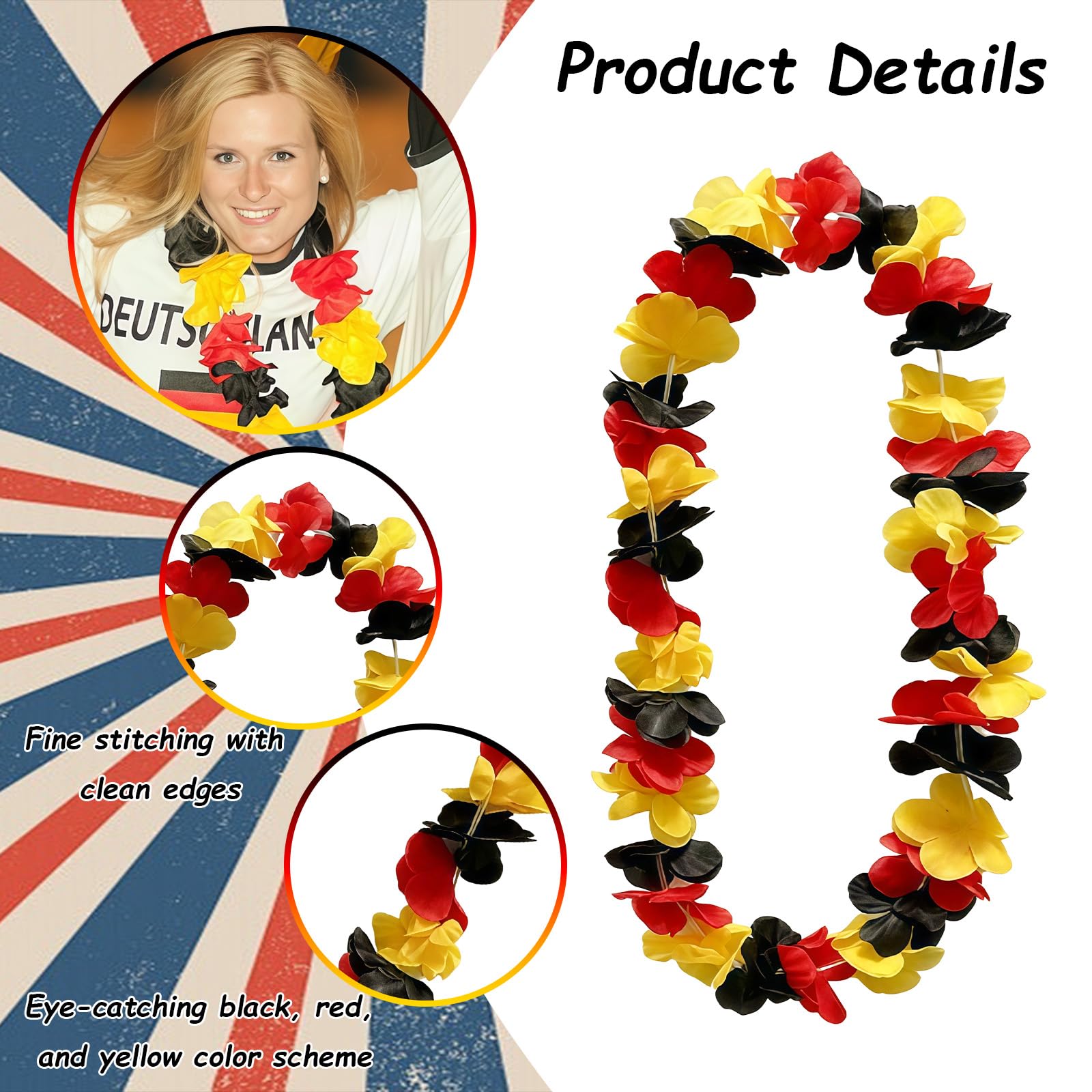 6 Stück Deutschland Fanartikel Blumenkette, Deutschland Hawaii Kette Fußball Party Nationalfeiertag Deko, Flagge Girlanden Schwarz Rot Gelb, Blumenkette für Fußballpartys Fan Artikel - 3