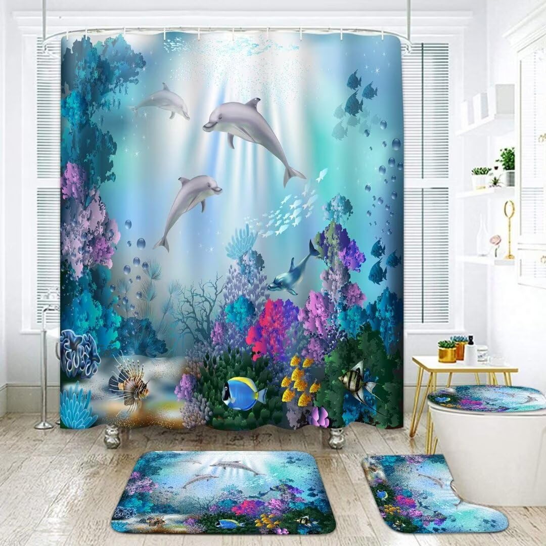 Yizheer Set di 4 tende da doccia per bagno con delfino marino e corallo, con 12 ganci, tappetino da bagno a forma di U, materiale PEVA, 182 x 182 cm, decorazione per bagno per vasca da bagno (blu)