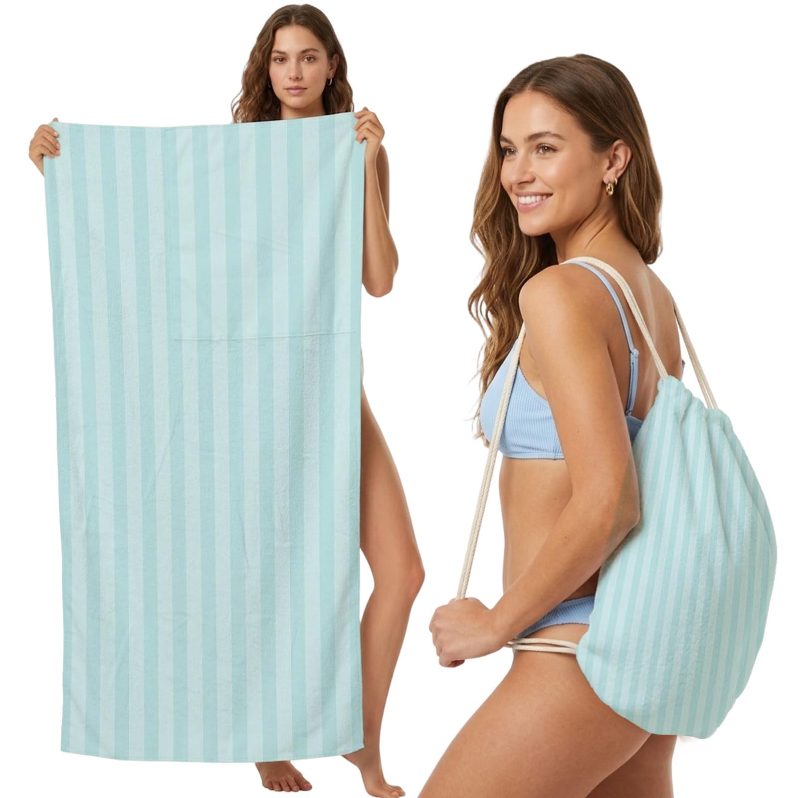 Beach Towel Bag 2 in 1 Teal Vertical Stripes Bath Pool Towels Backpack Parallel Lines Striped Absorbent Beach Towel Soft Quick Dry Lightweight Packable Towels Drawstring Bag for Travel Sports Yoga
