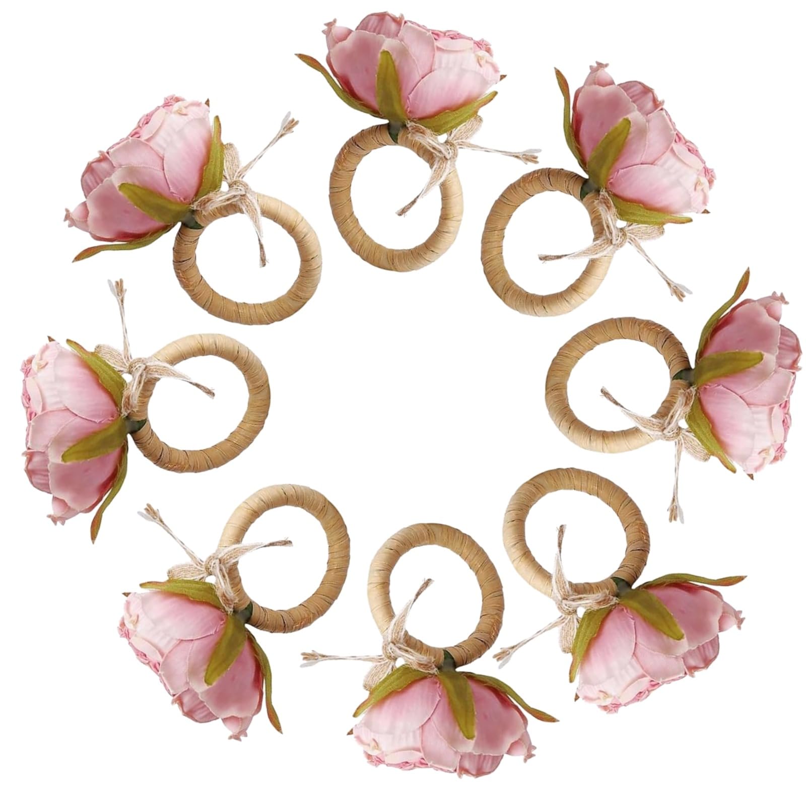 Lot de 8 Ronds de Serviette Fleur Rose, Porte Serviette en Corde de Chanvre avec nœud Fait Main, Style raffiné pour Noël, Thanksgiving, Automne, Mariage, fête, décoration de Table, Repas