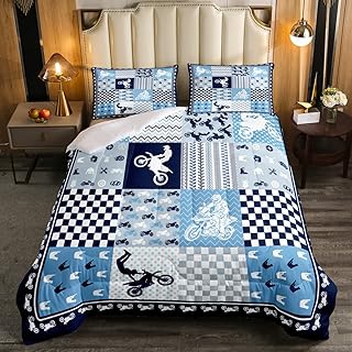 Feelyou Dirt Bike Comforter Extreme Sports Theme Bedding Set Motocross Rider Printed Comforter Set for Boys Girls Children Teens Bedroom Decor Motocross Illustration Duvet Set Full Size