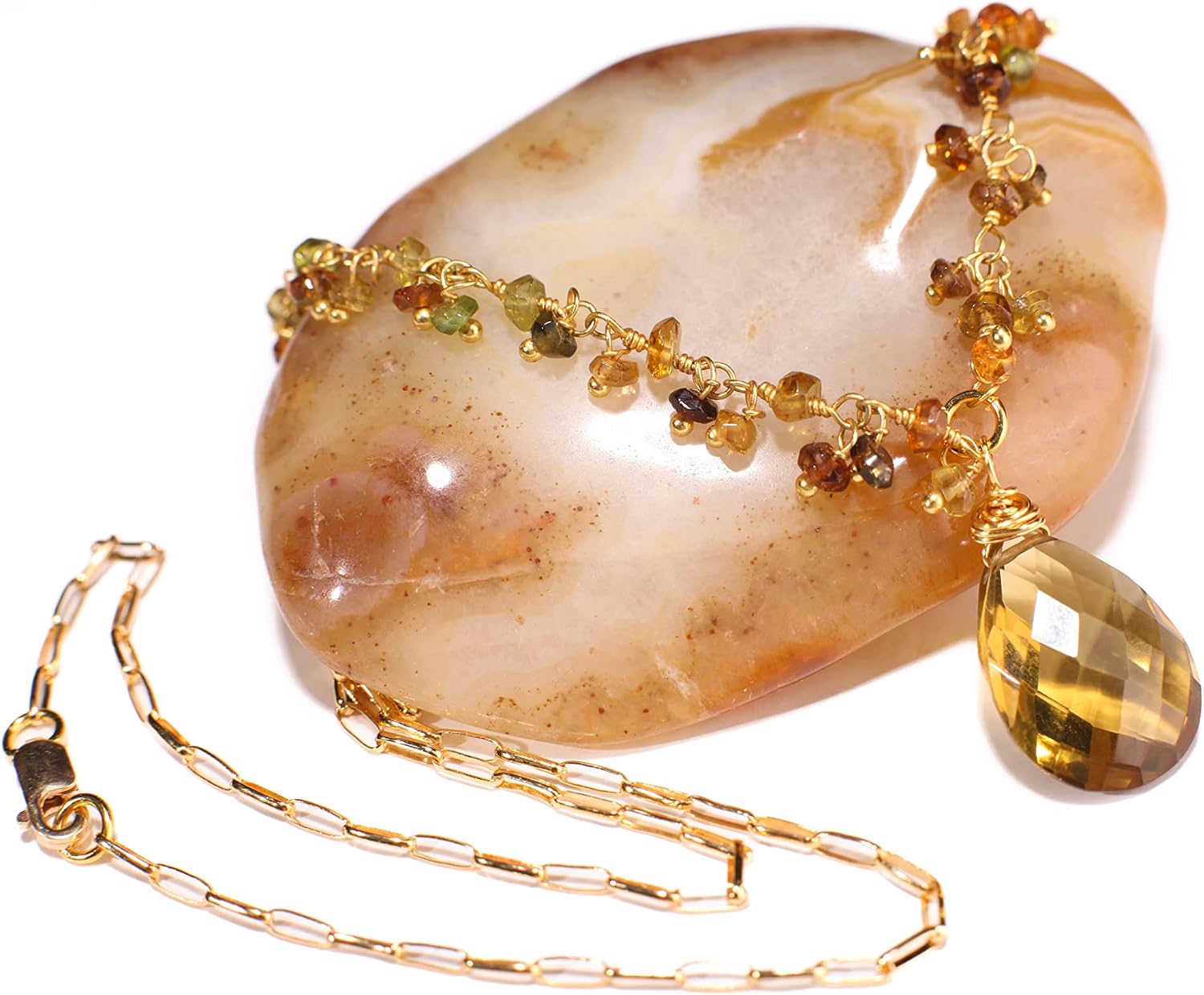 Whisky Quartz Teardrop Pendant, Petro Amber Tourmaline Wire Wrapped Necklace, Matching Earrings Jewelry Set in 14k Gold Filled Handmade Gift