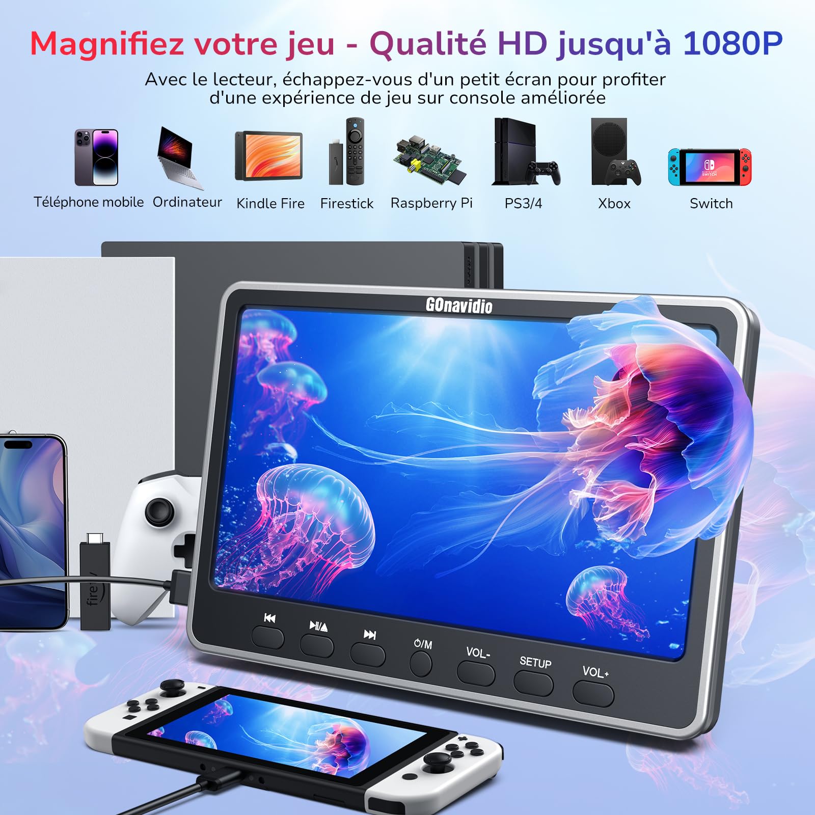 GOnavidio 12" HDMI-in Lecteur DVD Voiture, Lecteur DVD Portable Voiture Compatible USB/SD, Slot-in Conception et ecran appuie Tete pour Enfant avec Casque,Support Région Libre