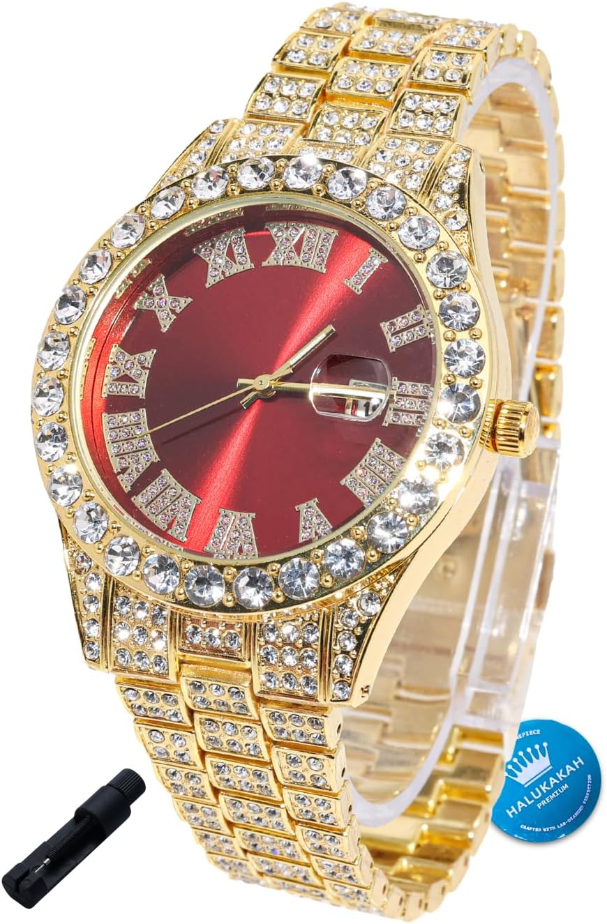 Halukakah Diamonds Watch Iced Out for Boy Teens – 18K Real Gold/Platinum Plated – 42mm Blue/Green/Red Dial – 8″ Length – Optional with Cuban Link Chain, with Watch Adjuster Tool – Goldfoil Giftbox