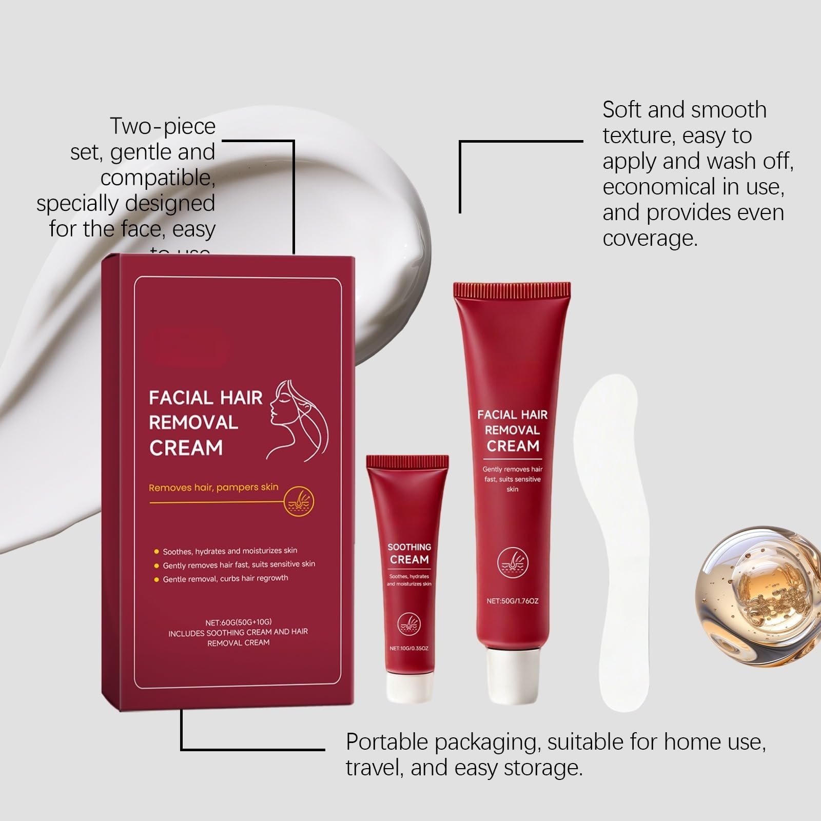 Damski krem do usuwania włosów z kojącym serum, łagodząca, delikatna formuła odpowiednia na podbródek, górną wargę i ulubione (6 szt.)