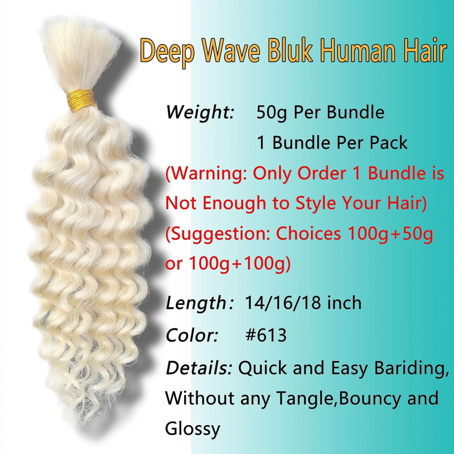 613 Blonde Human Braiding Hair 20 Inch 100 g 2 Bundle Deep Water Wave Bulk Human Hair for Braiding Curly Human Hair for Boho Braids Wet and Wavy Human Hair Extensions No Weft Micro Braids