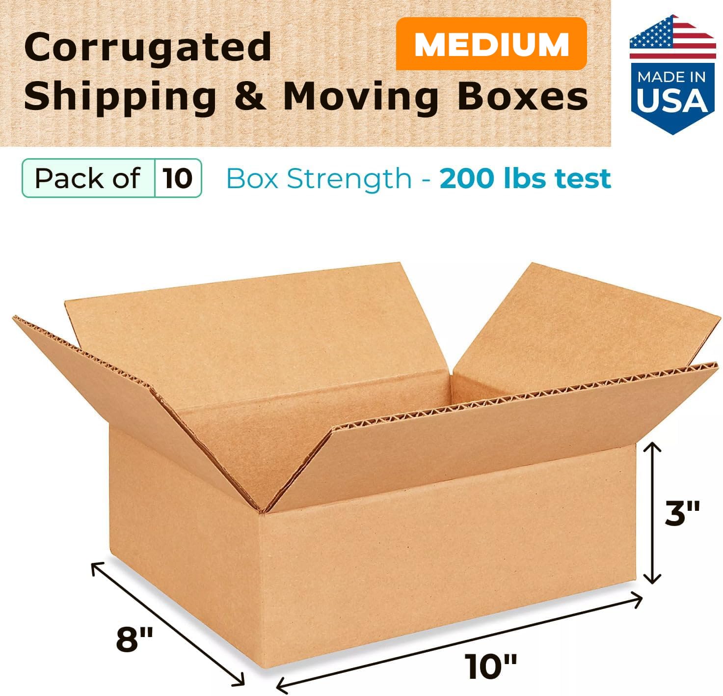 Medium Moving & Shipping Boxes 10x8x3 inches (10-Pack) - Extra Strength 200 lb vs Regular - USA-Made Corrugated Packing Box - Corrugated Box - Heavy Duty Shipping Box by IDL Packaging