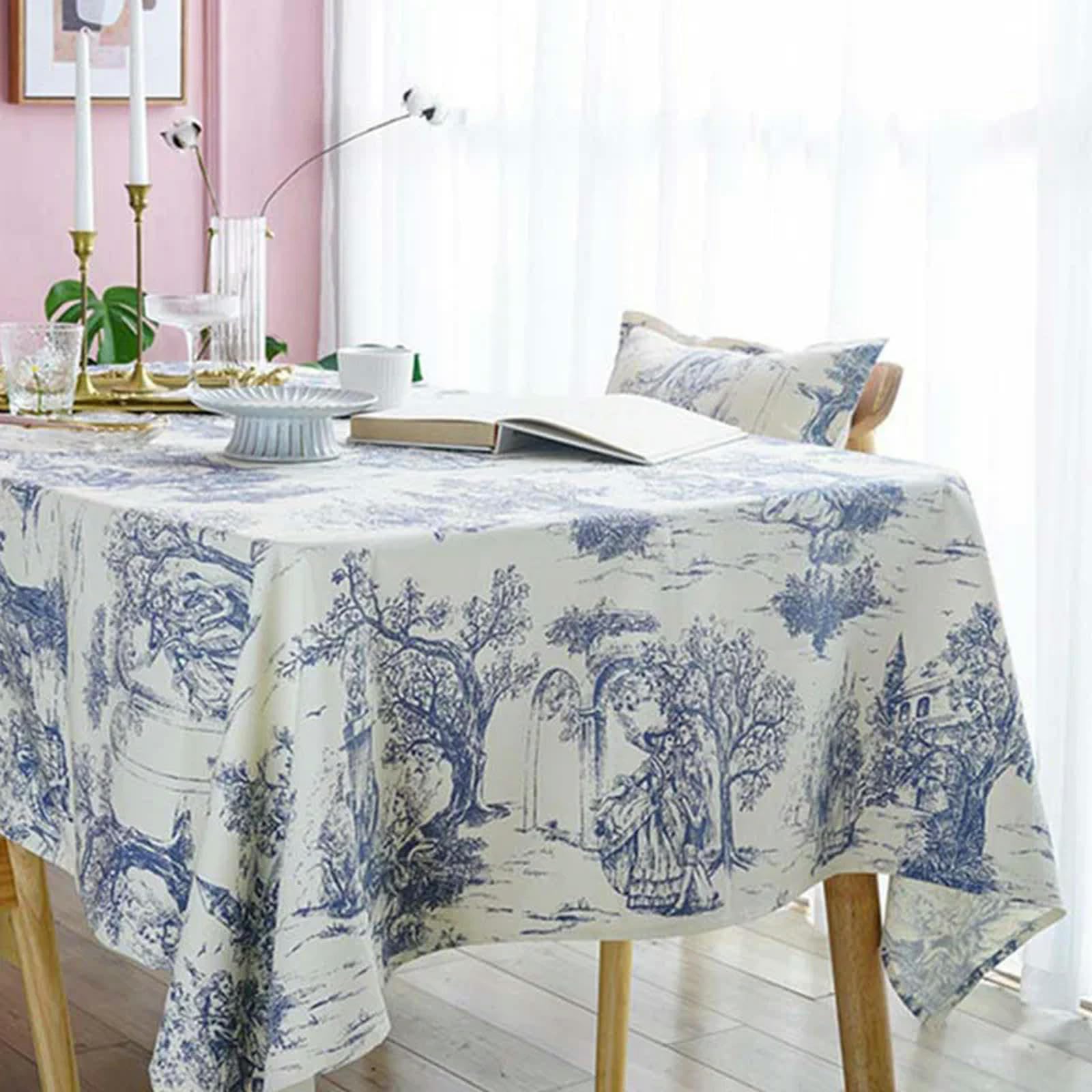 Mantel Azul Impreso Tela De Lino Cubierta De Mesa Rectángulo/Oblongo para Cocina Comedor