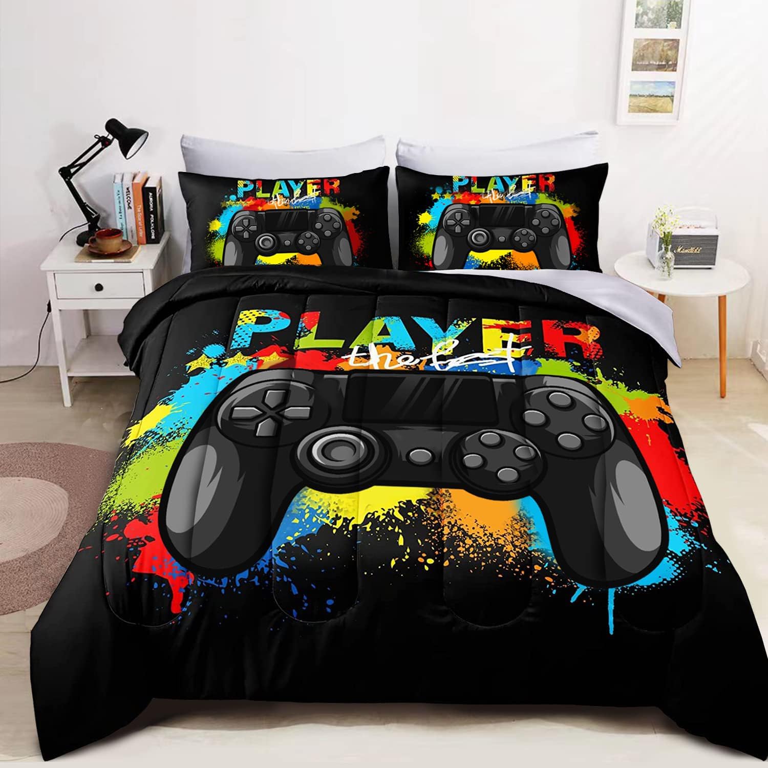 Wajade Kids Gamer Comforter Set Twin Size Bed in a Bag for Boys and Girls, 7 Pieces 3D Video Game Controller Printed Bedding Set Includes Comforter, Flat Sheet, Fitted Sheet, Two Pillowcases & Shams