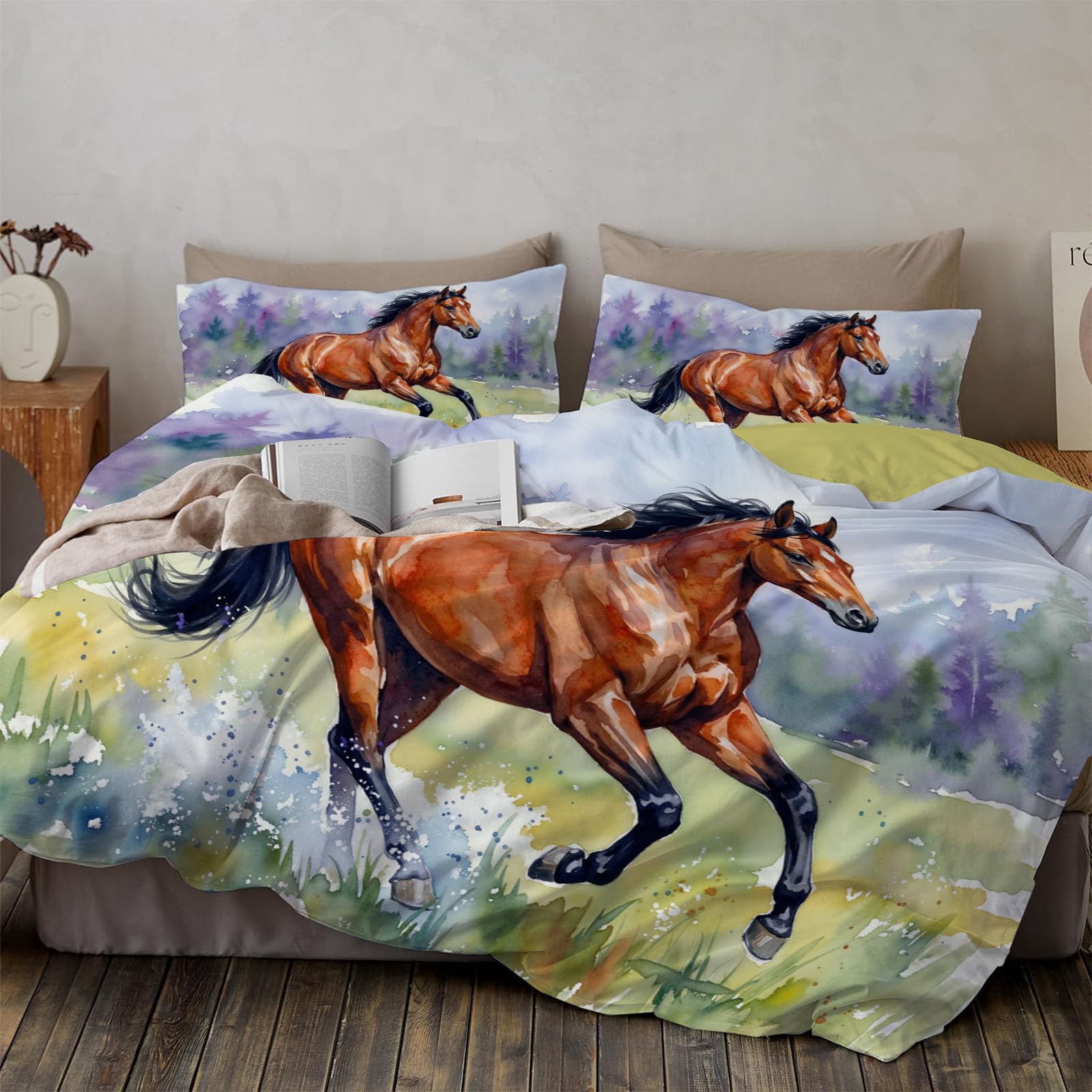 Housse de couette imprimé forêt et chevaux de qualité supérieure